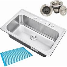 Cozyblock 33 X 22 X 9 Inch Top-Mount/Drop-In Stainless Steel Single Bowl Kitchen Sink With Strainer And Silicon Dishrack - 18 Gauge Stainless Steel-