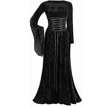 Vkekieo Maxi Dress For Women Sun Dress Crew Neck Long Sleeve Printed Black S