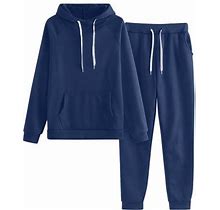 Asfgimuj Fall Outfits For Women 2023 Solid Color Hooded Sweatshirt And Pant Tracksuit Sport Suit Tracksuit Set Navy S