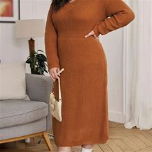 Solid Color Dress, Women's Simple Casual V Neck Women's Clothing Long Sleeve Dress,Camel,All-New,By Temu