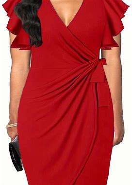 Plus Size Solid Color V-Neck Ruffle Trim Dress, Women's Elegant Dress Ruffle Sleeve Stretch Wrap Dress,Red,New Product,Temu