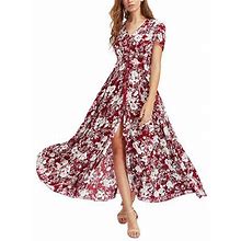 Hirigin Flower Print V-Neck Short/ Half Sleeve Bohemian Dress One-Piece
