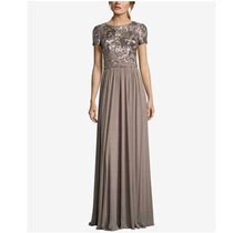 Betsy & Adam Womens Brown Sequined Chiffon Classic Gown Short Sleeve Jewel Neck Full-Length Evening Dress 16