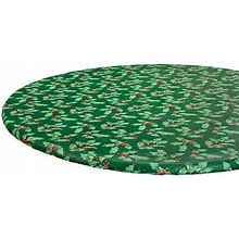 Holly Holiday Vinyl Elasticized Table Cover By Chefs Pride - Green - 42" X 68" Oval/Oblong - Vinyl