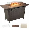 Devoko 43 Inch Outdoor Wicker Propane Gas Fire Pit 50000 BTU Patio Rattan Fire Pit Table With Metal Tabletop, Replaceable Casters/Pads, Windproof