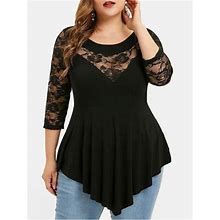 Turilly Plus Size Women Solid Floral Lace O-Neck Asymmetric Three Quarter Tops Blouse