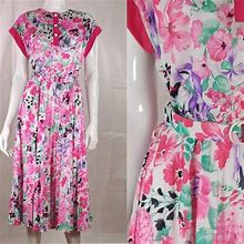 80S Vintage Pink Floral Belted Day Dress - Floral Pattern Pleated Day Dress - Garden Lady Like House Dress - Stretch Floral Dress - S - M