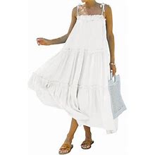 Calsunbaby Women's Summer Spaghetti Strap Long Maxi Dress High Low Ruffle Dress Loose Tiered Flowy Beach Long Dress White L