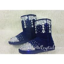 New Colorshiny WINTER Blue Leather Sheepskin Fleech/Wool Boots With Shinning And Stylish CRYSTALS