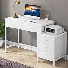 Tribesigns Computer Desk With 5 Drawers, Home Office Desks With Reversible Drawer Cabinet Printer Stand, Industrial PC Desk With Storage, White