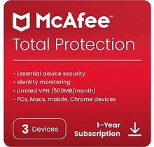 Mcafee Total Protection For 3 Users, Windows/Mac/Android/Ios/Chromeos, Download (MTP21EST3RAAD)