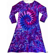 Women's Tie Dye Long Sleeve Dress Purple Spiral Blotter Art Sm Med Lg Xl 2X 3X