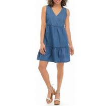 TRUE CRAFT Juniors' Sleeveless Double Tiered V-Neck Dress, Blue, X-Small, Cotton