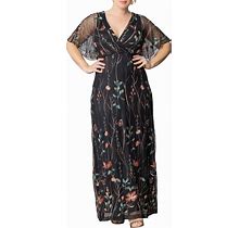 Kiyonna Women's Plus Size Floral Embroidered Elegance Evening Gown | Flattering Long Formal Mesh Dress W/Sleeves