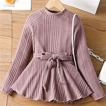 Toddler Girls Solid Ribbed Knit Long Sleeve Dress Stretchy & Comfy Turtleneck Dress Fall Winter Christmas Gift Handpicked,Temu