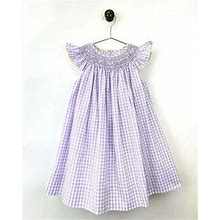 Petit Ami Yellow Lavender Check Bishop Smocked Angelwing Dress 2T 3T