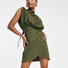 ASOS PETITE Asos Design Petite Cowl Neck Blouson Mini Dress With Twist Skirt In Khaki-Green