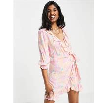 Topshop Washed Neon Floral Mini Wrap Dress-Pink - Pink (Size: 6)