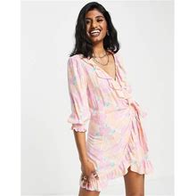 Topshop Washed Neon Floral Mini Wrap Dress-Pink - Pink (Size: 6)