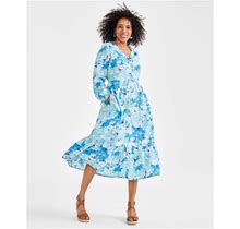 Style & Co Petite Floral Tiered Button Front Midi Dress, Created For Macy's - Arles Floral Teal - Size PS