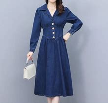 Fashion Womens Denim Button A-Line Dress High Waist Korean Casual Jean Dress
