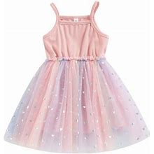 Kids Toddler Girls Tutu Dress Sleeveless Sequin Heart Print Mesh Tulle Spaghetti Strap Sundress 2-7T