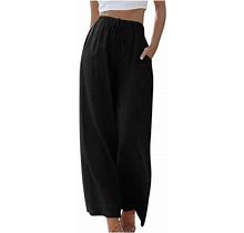 Ovbmpzd Women's Casual Solid Elastic High Waist Pants Cotton Linen Drawstring Summer Pants Comfortable Wide Leg Loose Long Trousers Black 3XL