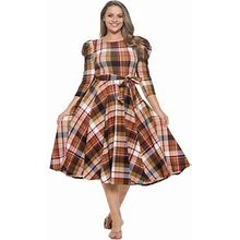 Brown Plaid Small Size Women's Summer Swing Puff Long Sleeve Midi Cocktail Pockets With Tie Waist For Party, Formal And Casual Dresses