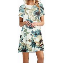 Dianli A-Line Dress Short Sleeve Fashion Baggy Fit Swing Flowy Cute Holiday Beach Party Pullover Casual Floral Print Formal Dresses For Women Dress Cr