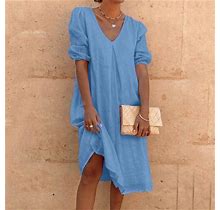 Kunpeng Women's Elegant Puff Sleeve Beach Cotton Linen Loose Solid Color V-Neck Mid-Sleeve Dress Dresses For Women 2023 Blue M