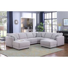 Lilola Home Penelope Light Gray Linen Fabric Reversible 8Pc Modular Sectional Sofa With Ottomans And Pillows