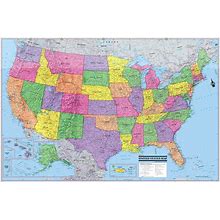 USA United States Wall Map Poster 36"Wx24"H Rolled Paper, Laminated