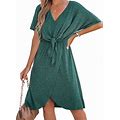 CUPSHE Women's Bow V-Neck Mini Dress Short Sleeves Solid Knit Dresses Casual Summer