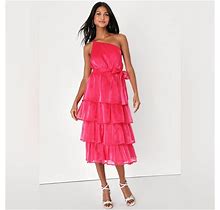 Lulu's Dresses | Nwt Lulus Sweetest Success Hot Pink Organza Tiered One-Shoulder Midi Dress - M | Color: Pink | Size: M