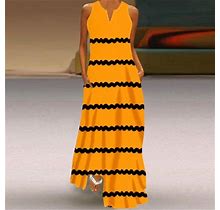 Cameland Women's Summer Dress Sleeveless V-Neck Solid Stripes Sundress Maxi Dress Tank Dresses Beach Dress Long Maxi Dress With Pockets Orange On Clea