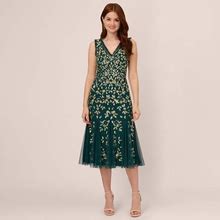 Adrianna Papell Floral Beaded Midi Dress With Godet Skirt, Gem Green, Size: 6