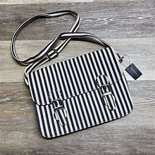 "NEW" FOREVER 21 Buckle Zipper Pocket White & Blue Stripe Crossbody Sling Bag