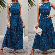 Blue Leopard Print Ruffle Hem A-Line Dress | Color: Blue | Size: Various