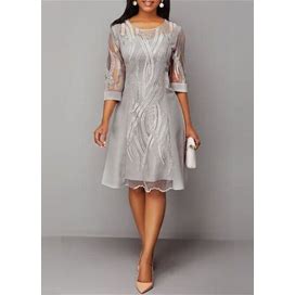Rosewe Grey Lace Wedding Guest Dress Midi Mother Of Bride Dress - L
