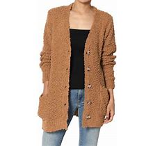 Themogan Women's Plus Cozy Button Down V-Neck Teddy Knit Sweater Cardigan W/ Pockets Deep Camel 1X