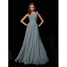 Long A-Line One-Shoulder Chiffon Dusty Blue Bridesmaid Dress 2024