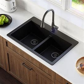 Karran Drop-In 33-In X 22-In Black Quartz Double Equal Bowl 1-Hole Kitchen Sink | QT-810-BL