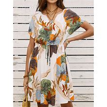 Summer Countryside Vacation V-Neck Short Sleeve Botanic Printed Elastic Waist Jumpsuit Dress,M