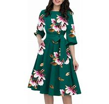 Spftem A-Line Women Elegant O-Neck Half Sleeve Pocket Sashes Knee-Length Casual Dress