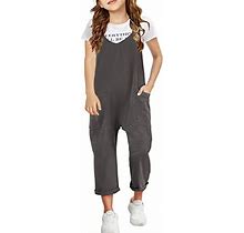 Nirovien Girls Overalls Sleeveless Jumpsuits Spaghetti Strap Loose Rompers With Pocket Casual One Piece Jumper(Dark Grey,12-13Y)