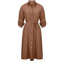 Hbyjlzyg Dresses For Women Elegant,Women's Summer Fashion Sexy Turndown Collar Long Sleeves Solid Color Button Belt Casual Dress