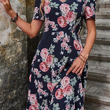 Floral Print V Neck Dress, Casual Short Sleeve Dress For Spring & Summer, Women's Clothing,Navy Blue,Must-Have,Temu