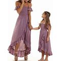 Mommy And Me Dresses Off Shoulder Chiffon Ruffled Long Dress Mother Daughter Matching Sundress