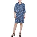 Ny Collection Petite 3/4-Sleeve Printed Shirt Dress - Blue Paismaze