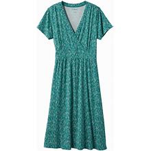 L.L.Bean | Women's Summer Knit Dress, Short-Sleeve Print Deep Teal Garden S Petite, Synthetic